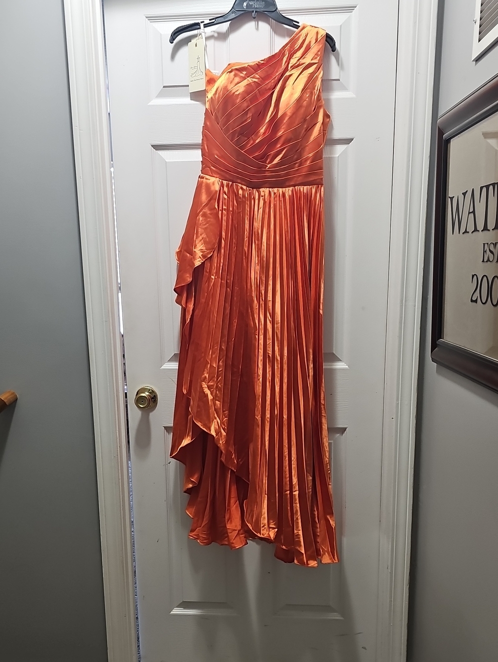 One-Shoulder Orange Satin Pleated Evening Dress With Corset Back